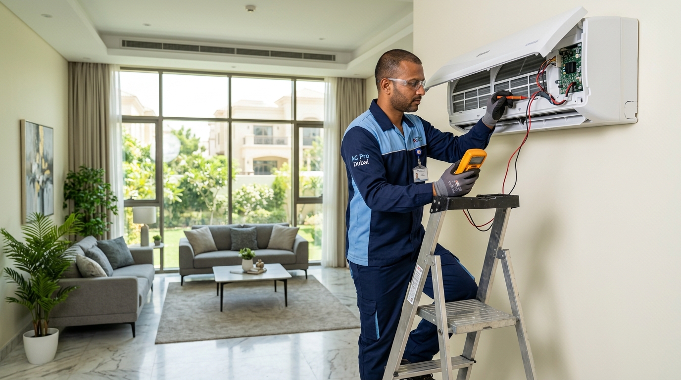 AC Pro Dubai technician installing a split air conditioning unit in a Dubai apartment