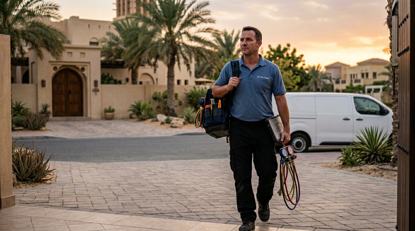 AC Pro Dubai emergency AC repair technician arriving at a Dubai property for urgent AC fix