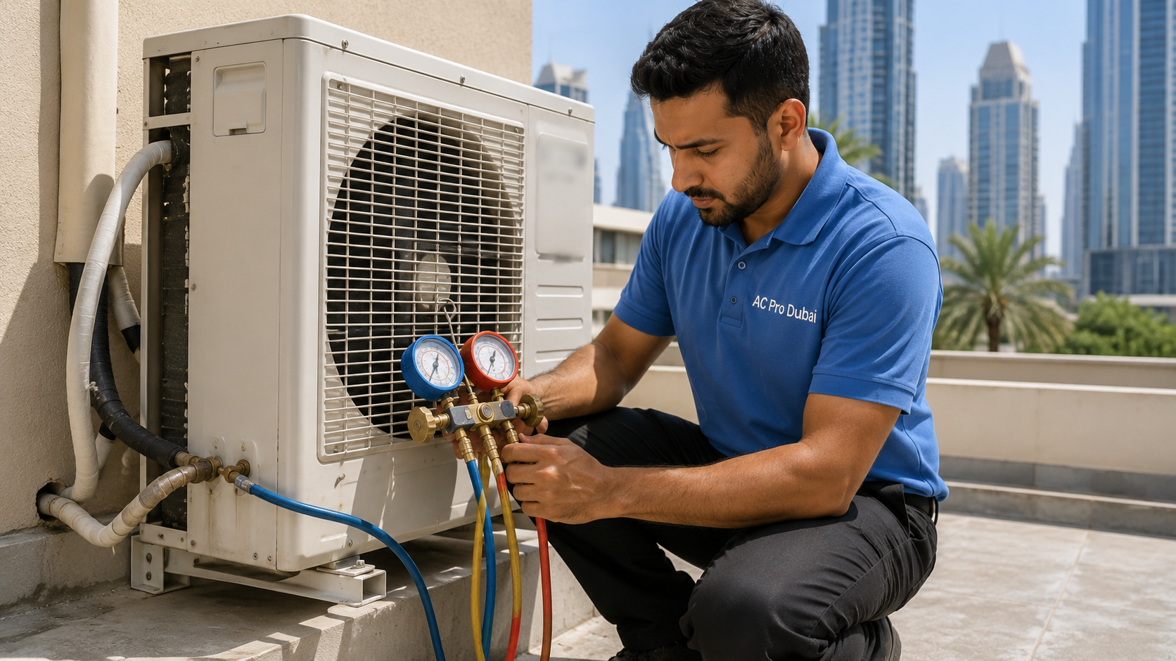 AC Pro Dubai technician refilling AC refrigerant gas on an outdoor compressor unit in Dubai