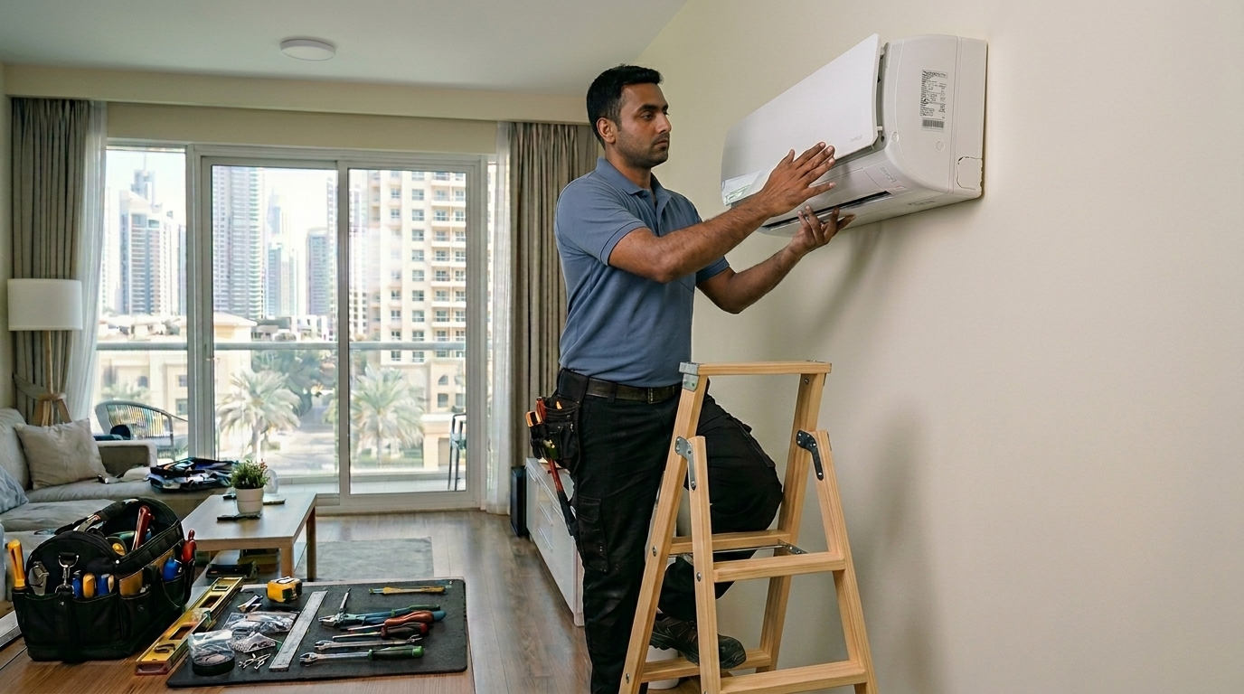 AC Pro Dubai technician fitting and installing a wall mounted split AC unit in Dubai