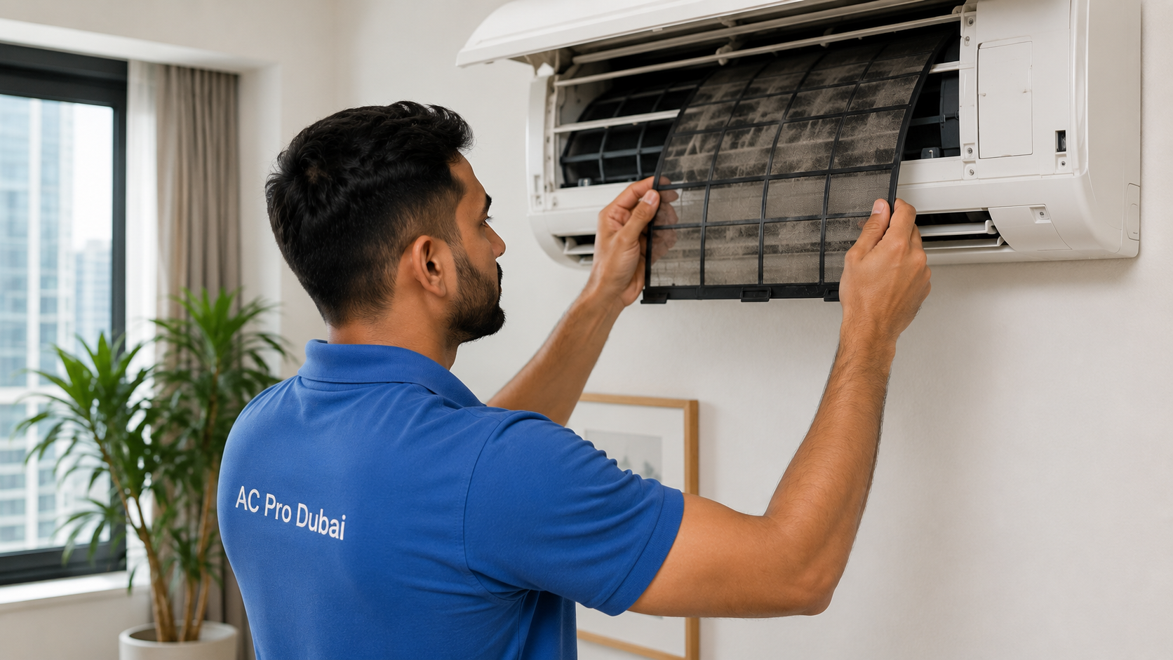 AC Pro Dubai technician performing AC maintenance and cleaning service in Dubai