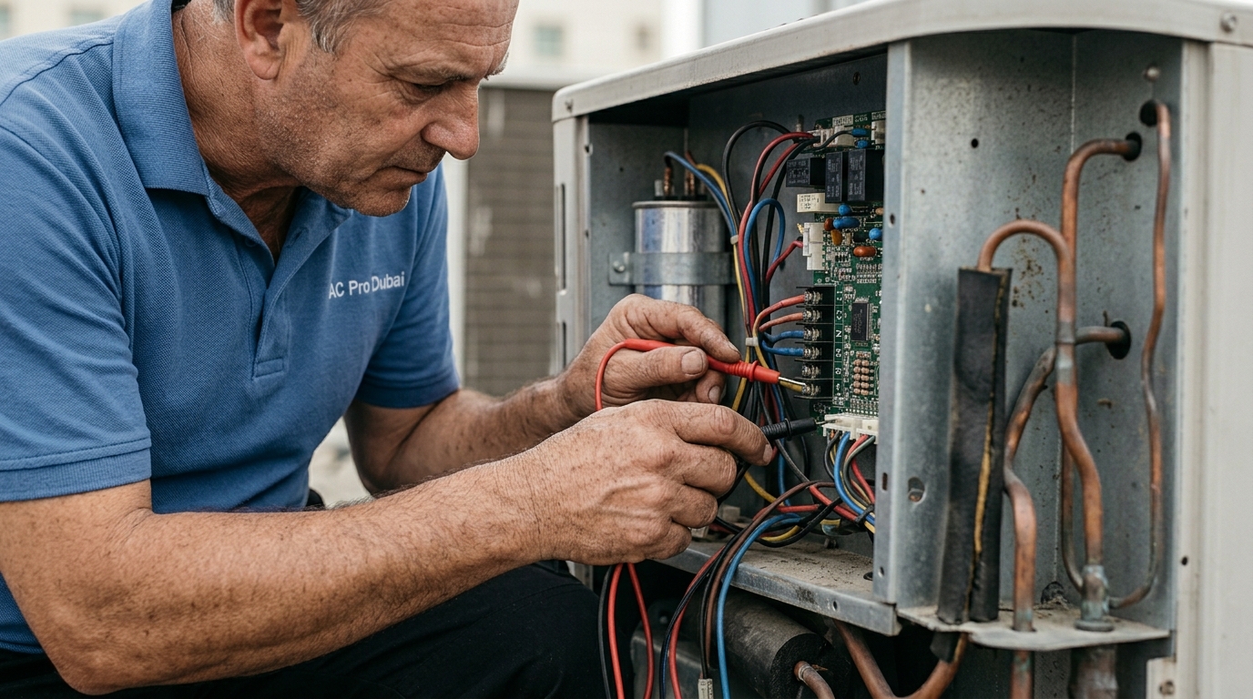 AC Pro Dubai technician repairing an air conditioner electrical components in Dubai