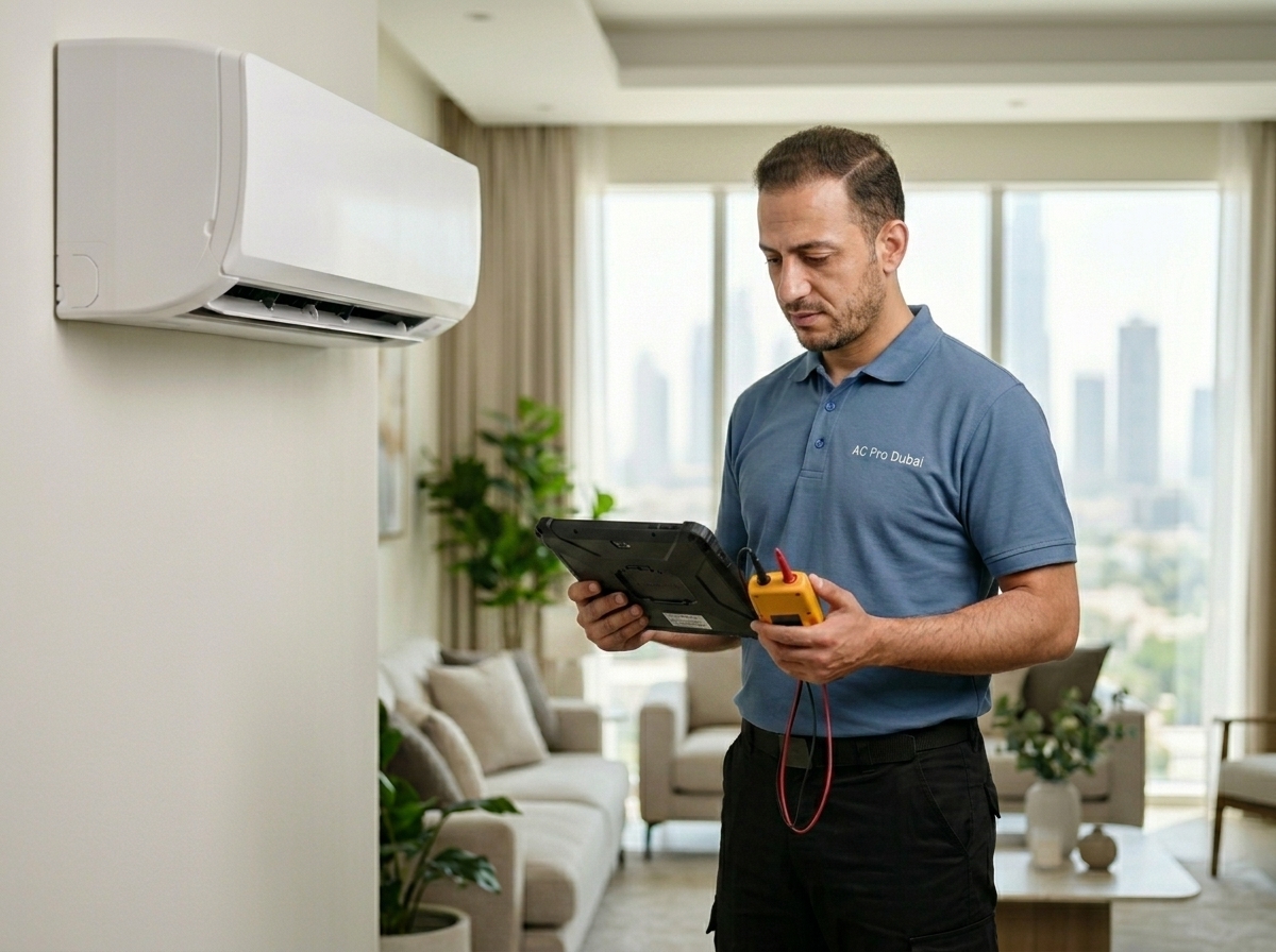 AC Pro Dubai technician arriving at a Dubai residence for an AC service call
