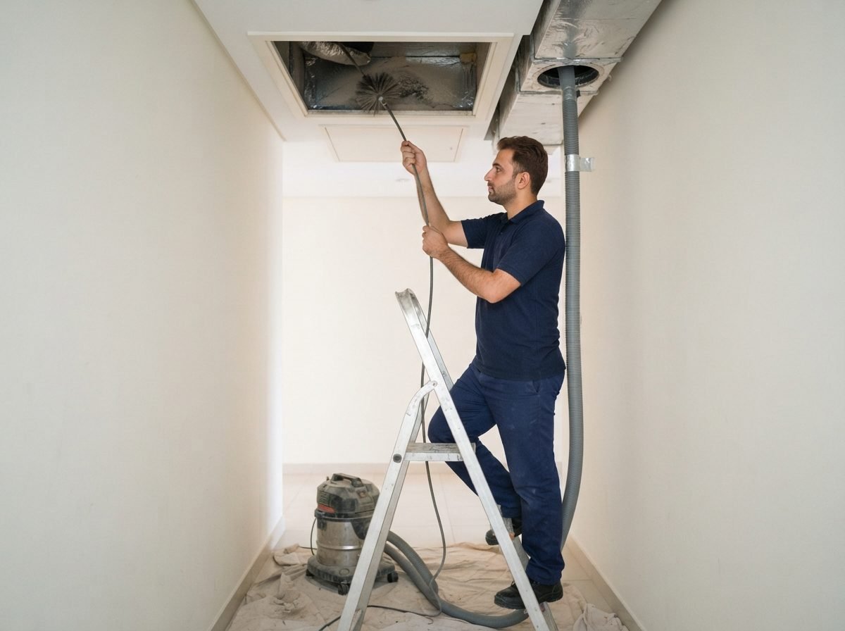 Technician cleaning air conditioning ductwork with a rotary brush and vacuum in Dubai