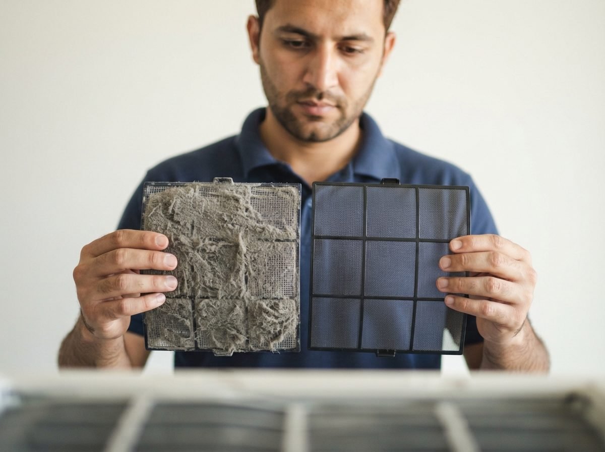 Comparison of a dirty and a clean air conditioner filter held side by side in Dubai