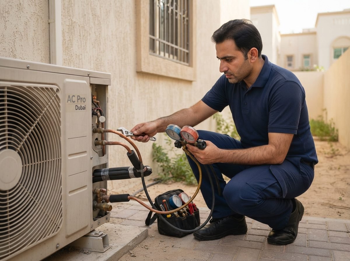 AC Pro Dubai technician checking refrigerant pressures on a condenser at a Dubai Marina tower