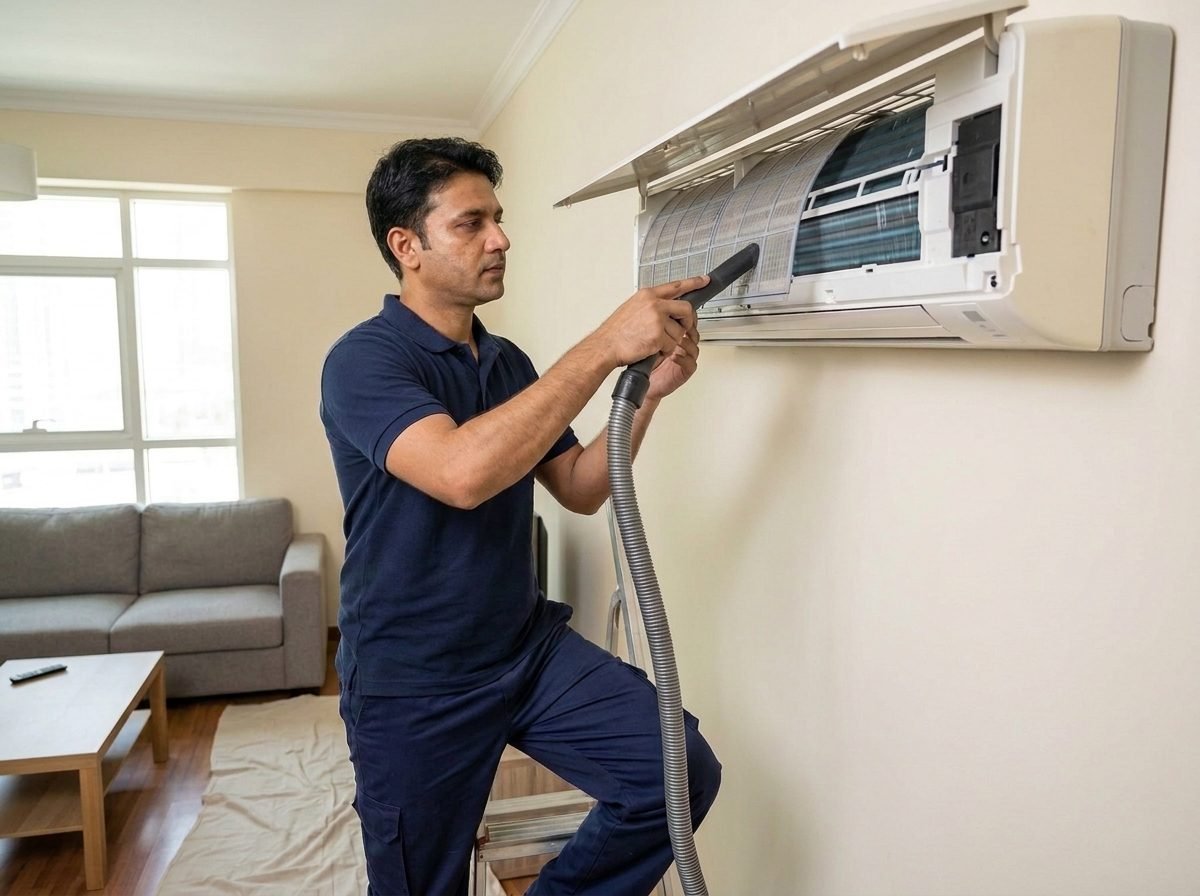 Technician servicing the indoor air conditioning unit of a Dubai Marina apartment