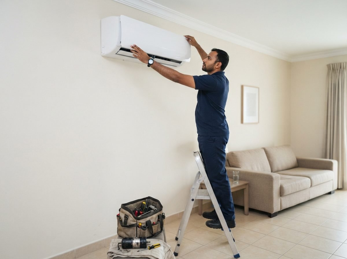 AC technician servicing a wall-mounted split air conditioner in a Dubai living room