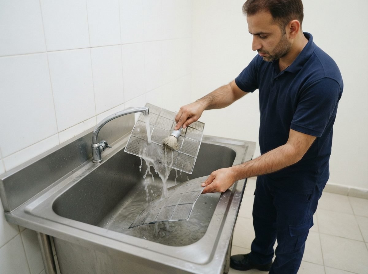 Technician washing air conditioner filters during a routine maintenance visit in Dubai
